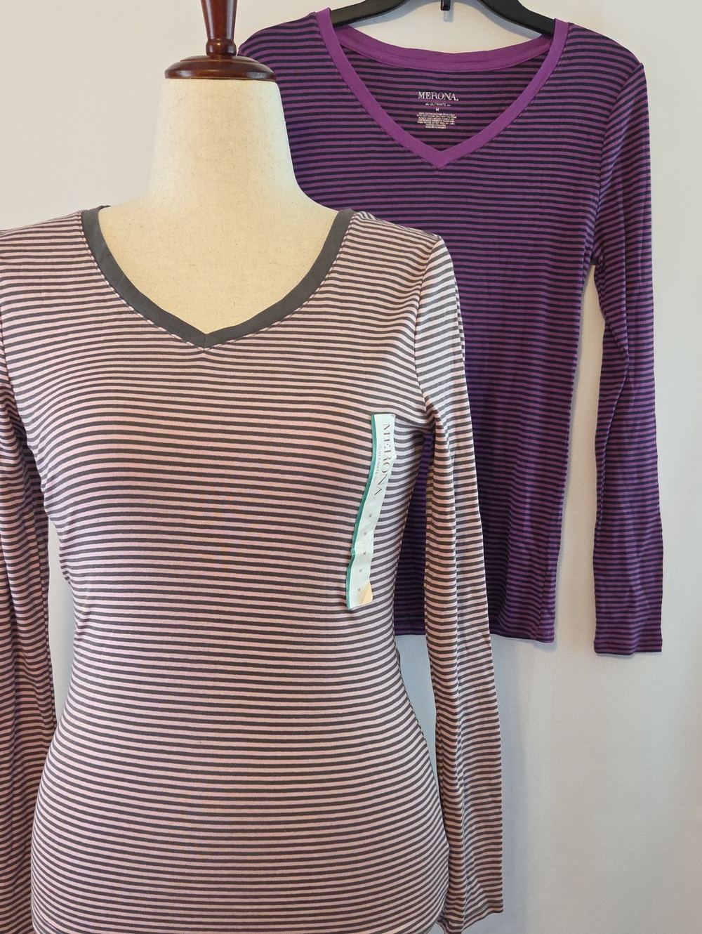 Merona 2 For 1- Striped Long Sleeve Tee - Purple & Blue/Gray & Pink Stripe